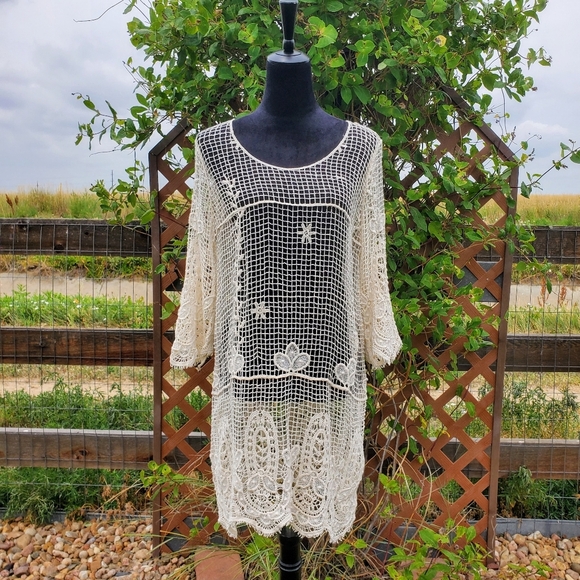 Solitaire Swim Dress Macrame Size Large Coverup Cream Color Boho Chic Crochet - Picture 1 of 16